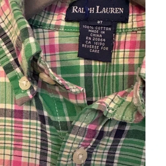 Ralph Lauren Toddler Boys Green Pink Plaid Short Sleeve Button Down Shirt 3T - Picture 3 of 4